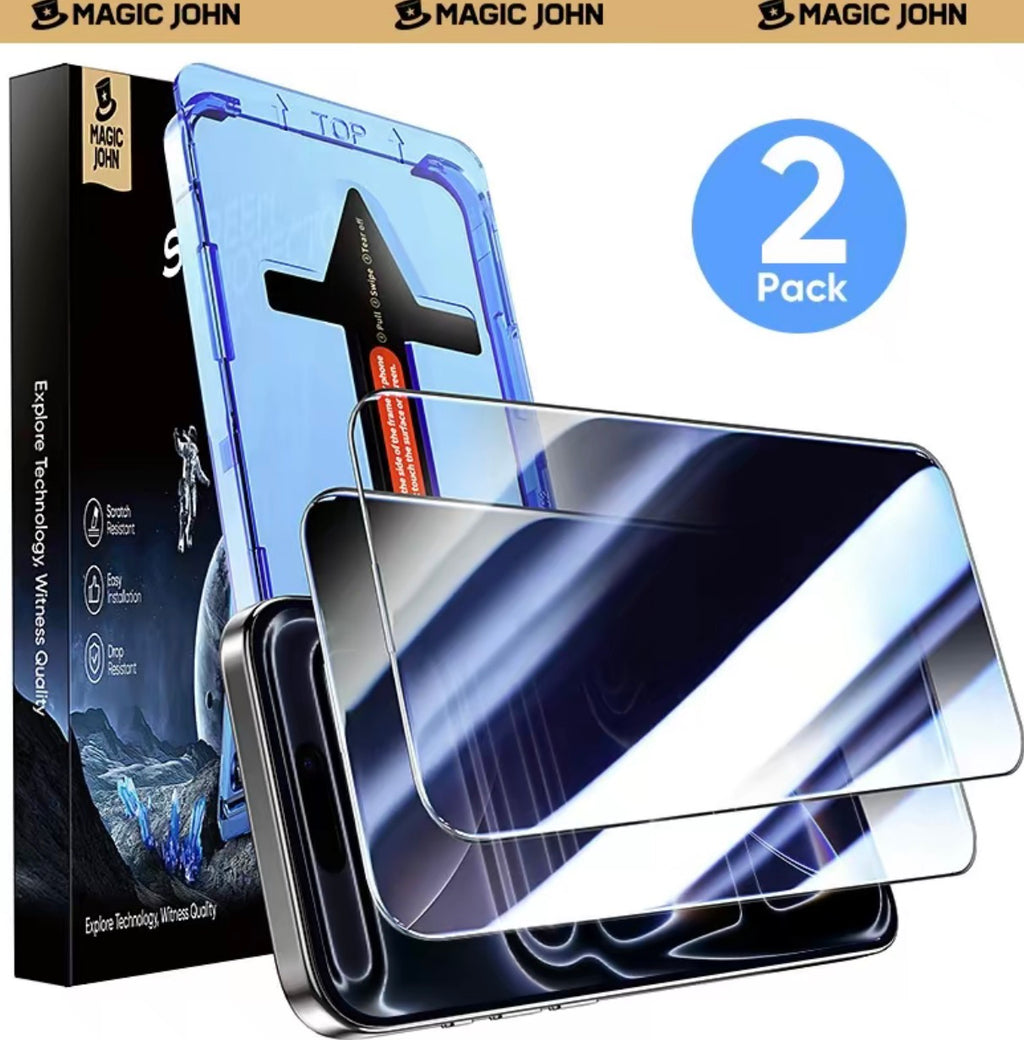 MAGIC JOHN 2-Pack Screen Protector for iPhone, Samsung, and Google–Crystal Clear, Scratch-Resistant, Ultra-Smooth Touch, Privacy Protection, Circular Polarized Eye Protection, Easy Installation